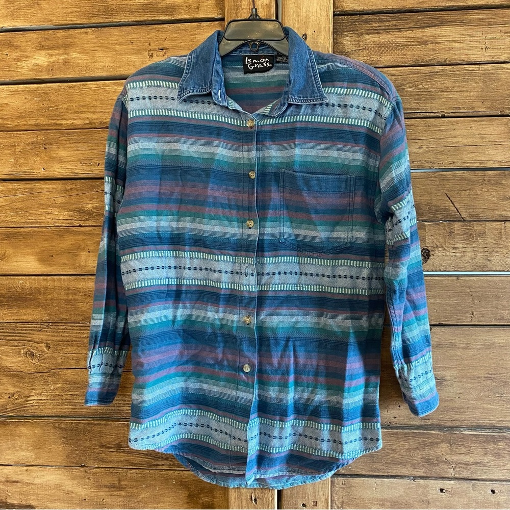 Lemon Grass stripe southwestern Aztec cotton sustainable button down shirt M